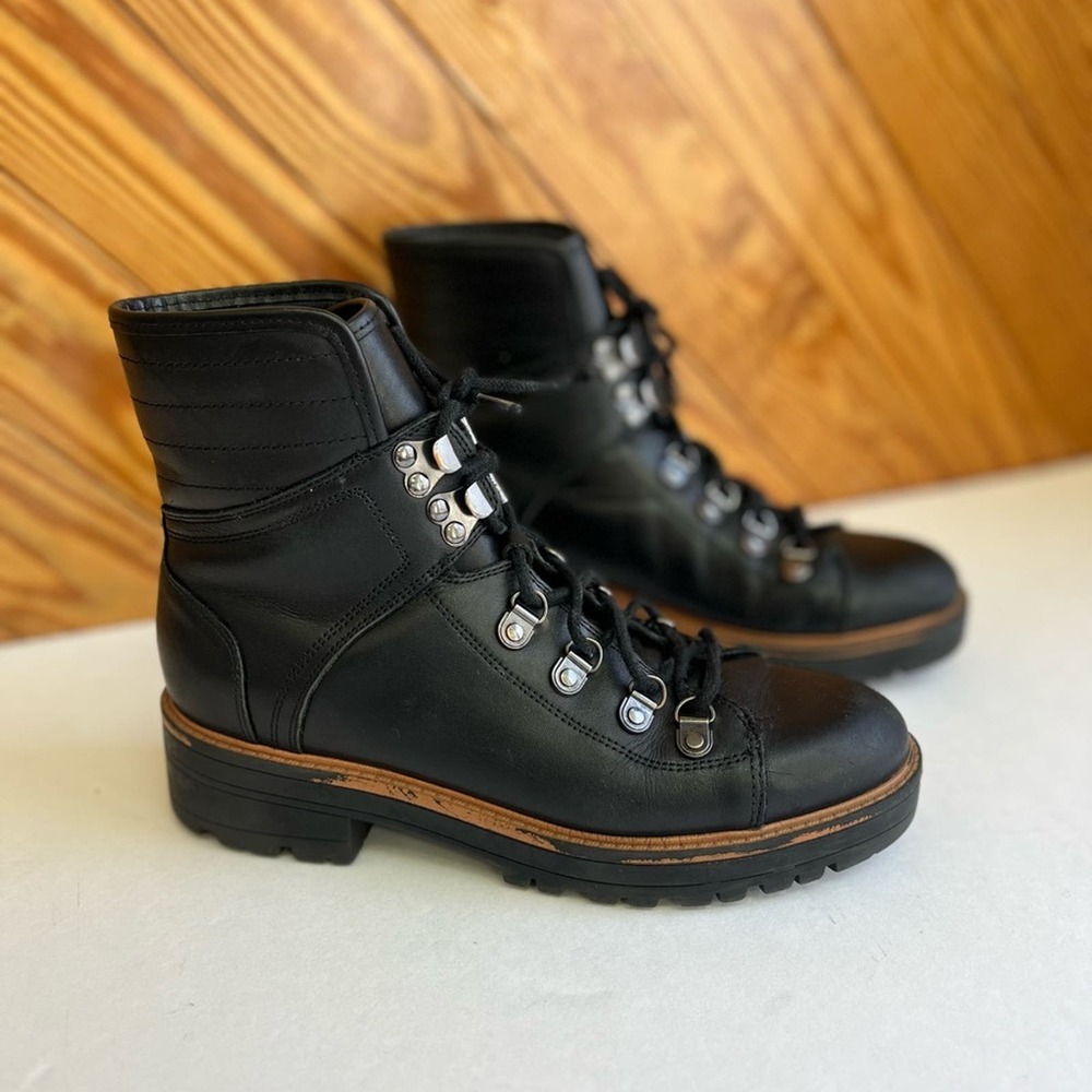 Marc Fisher Black Leather Combat Moto Boots with Brown Accent